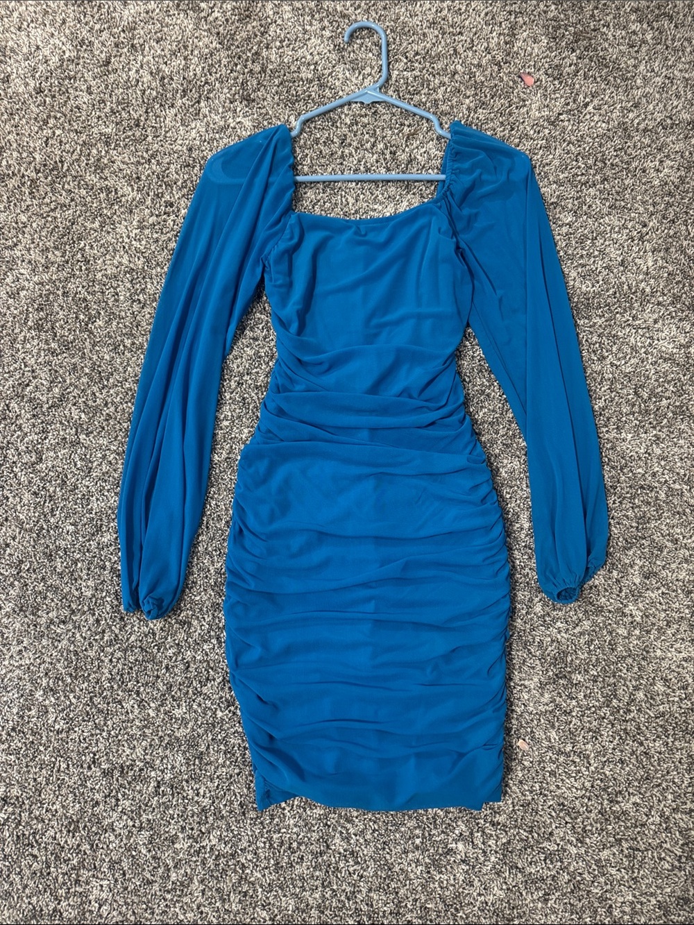 Blue Ruched Long-Sleeve Square Neck Dress